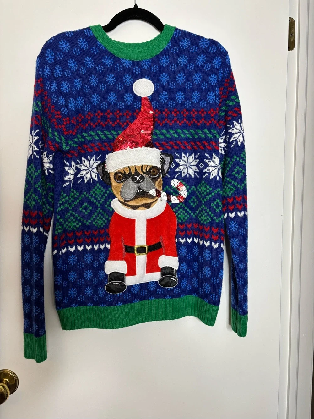 Men's Blue Pug Santa Crewneck Sweater - Holiday Knit Pullover